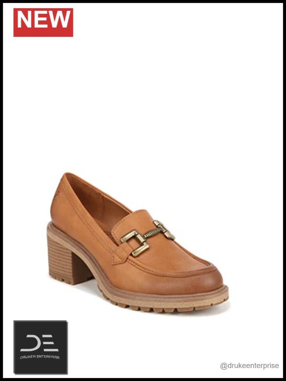 Women's Block Heel Loafer with Metallic Chain Detail - Synthetic